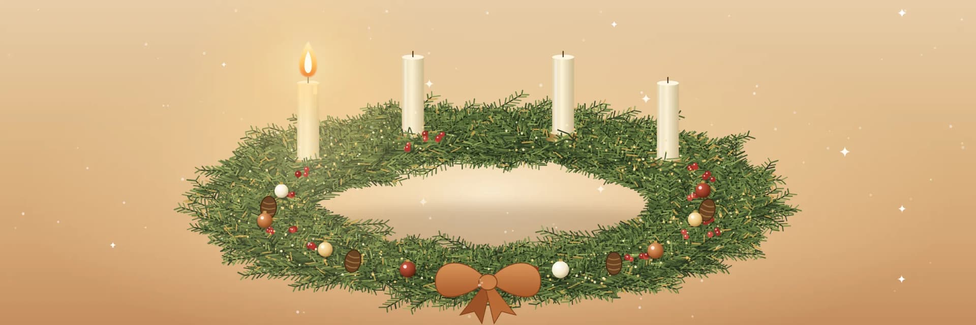 Adventkranz mit vier Kerzen, die erste Kerze brennt