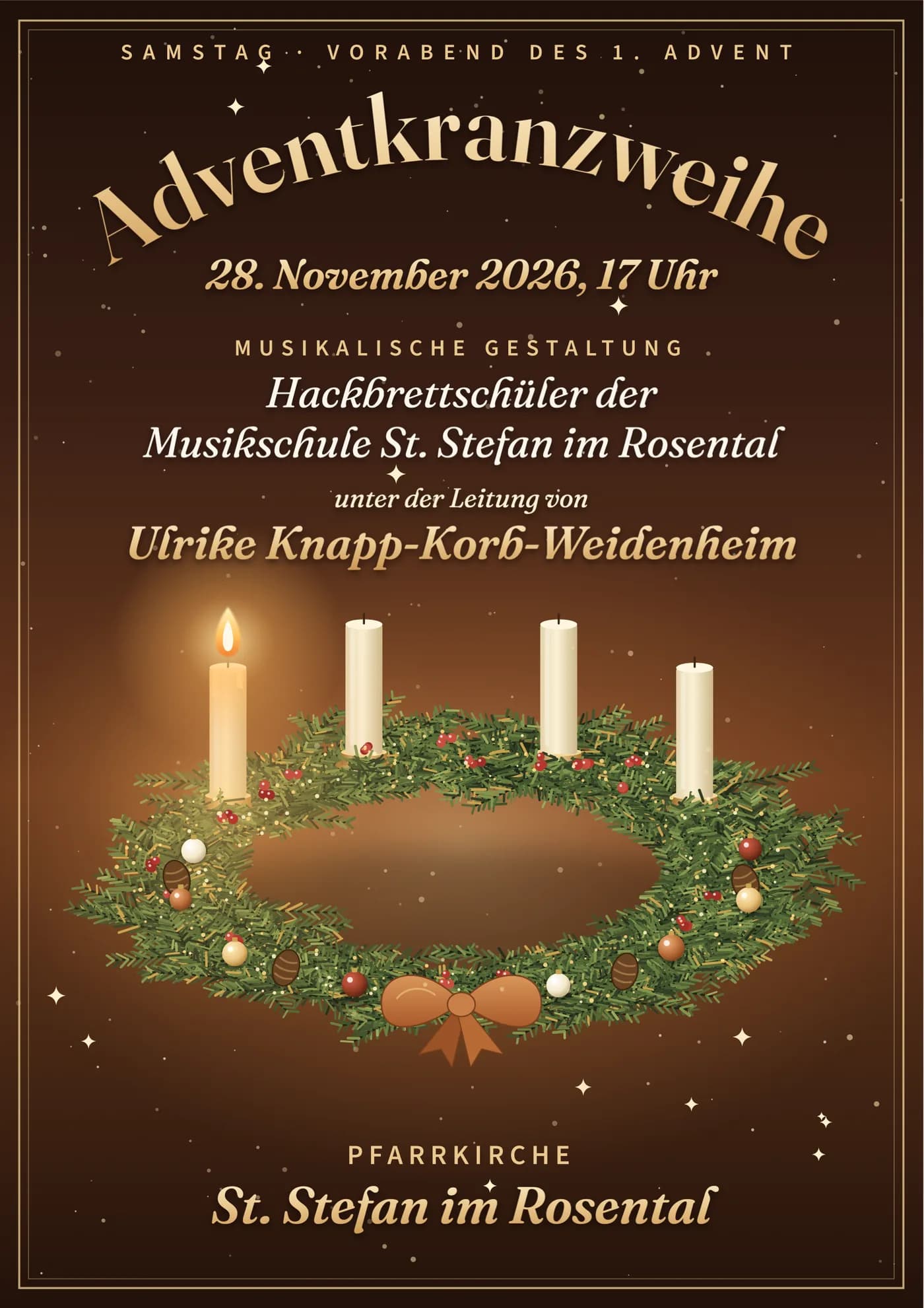 Adventkranzweihe in der Pfarrkirche St. Stefan im Rosental – Adventkranz mit vier Kerzen, eine davon brennt